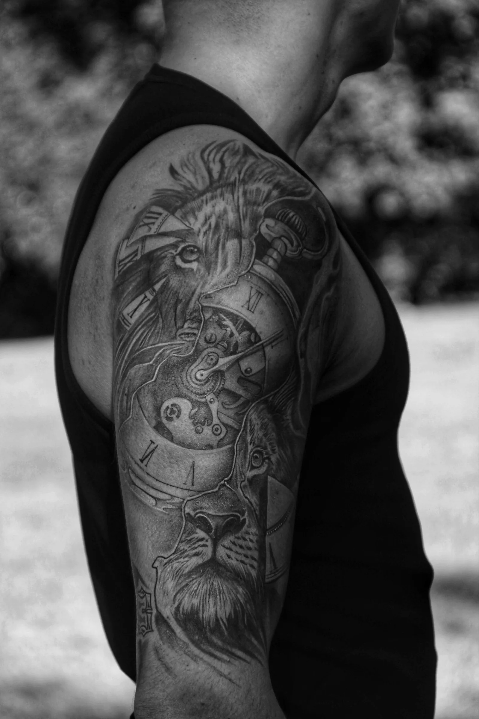 Black and grey realism sleeve on an upper arm